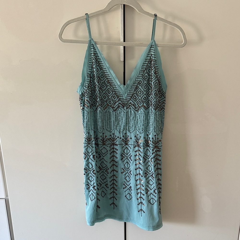 Free People Beaded Geometric Aqua Blue Dress XS